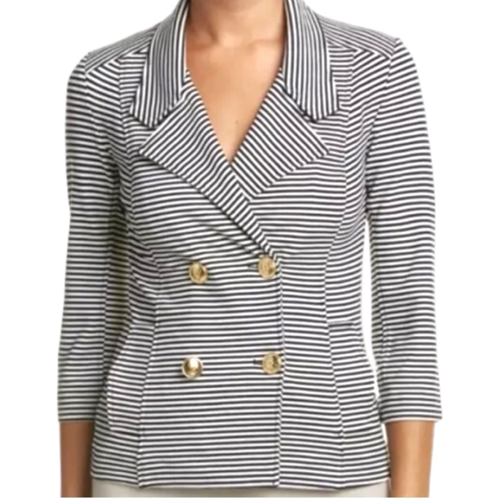 CAbi #823 Striped Life Jacket Nautical Double Breasted Gold Anchor Button Blazer